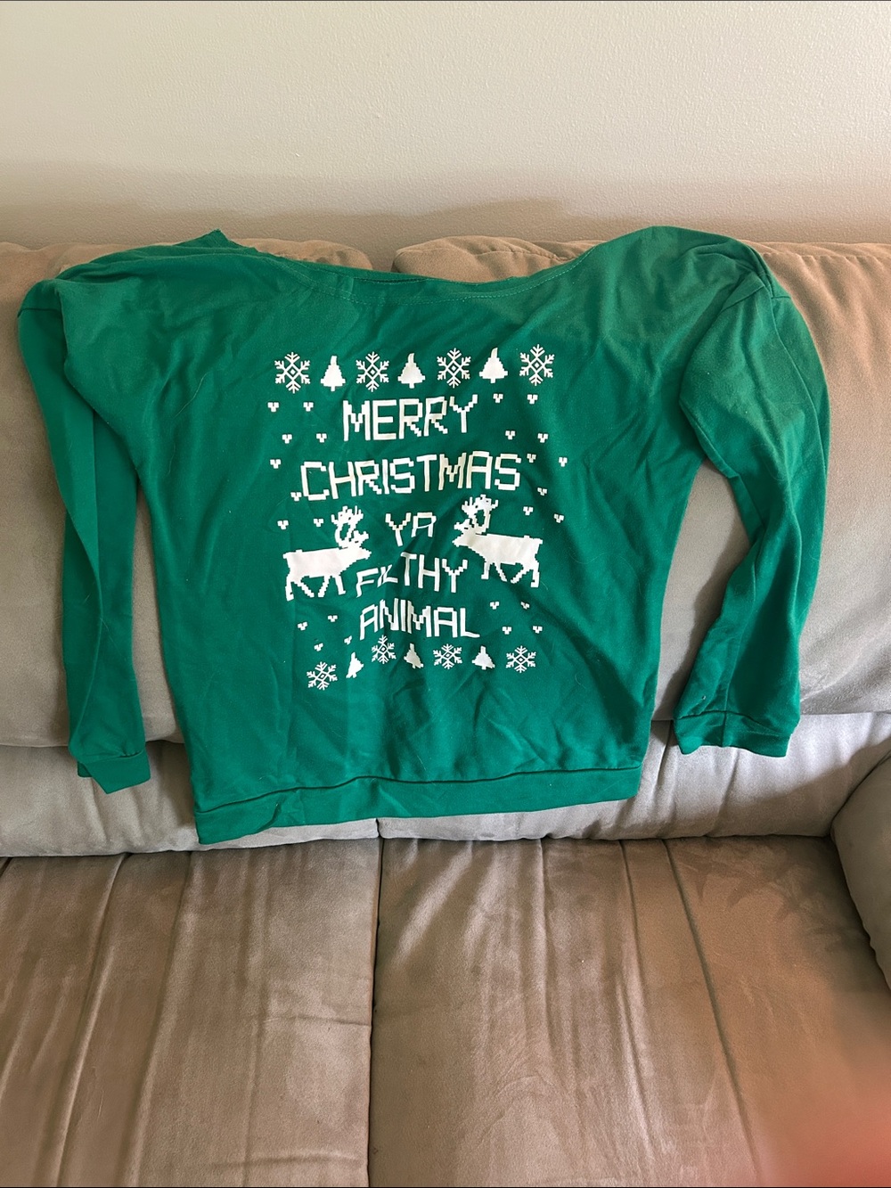 Off Shoulder Green "Merry Christmas Ya Filthy Animal" Holiday Sweater Size: L
